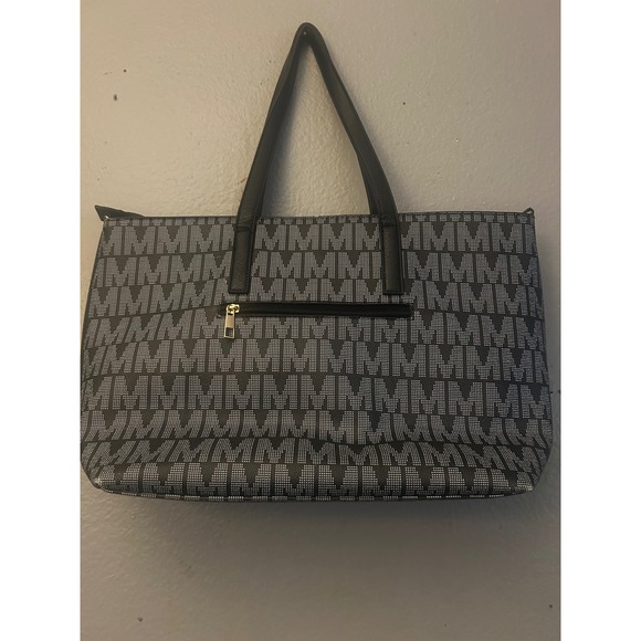 Letter M Tote Bag Monogram Print Black White Gold Accents Shoulder Bag Women - Picture 2 of 4